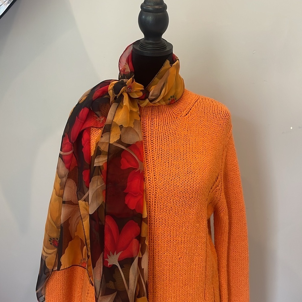 Floral Sheer Scarf - Red and Yellow and black